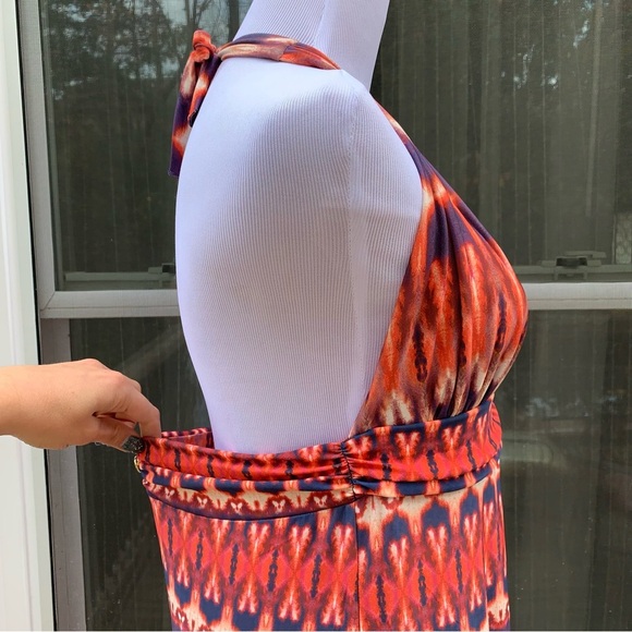 Vix Paula Hermanny Ikat print Peach Pink Cream Blue Jersey Halter Maxi Dress L - Picture 7 of 16